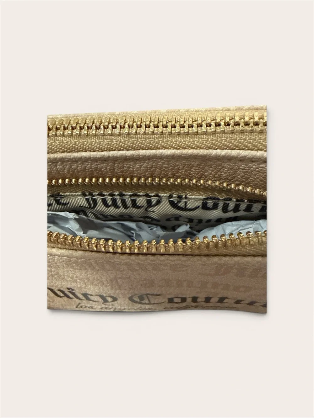 Juicy Couture Beige Logo Double-Zip wristlet/ wallet  with chain & charm